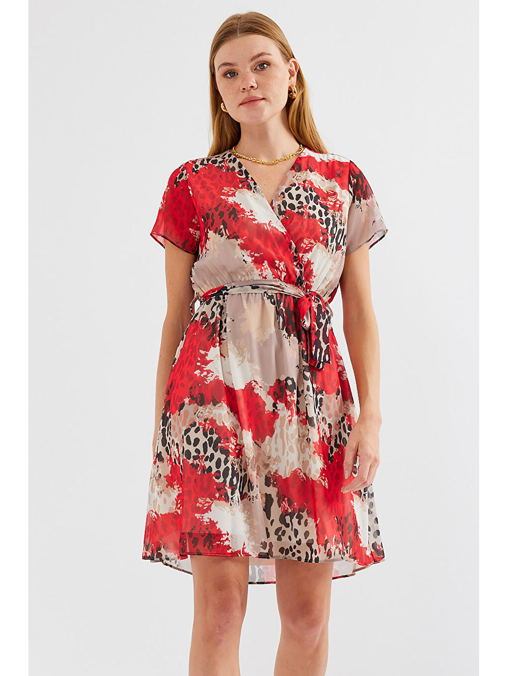 2502 Kısa Kol Desenli Şifon Elbise - Kırmızı-2