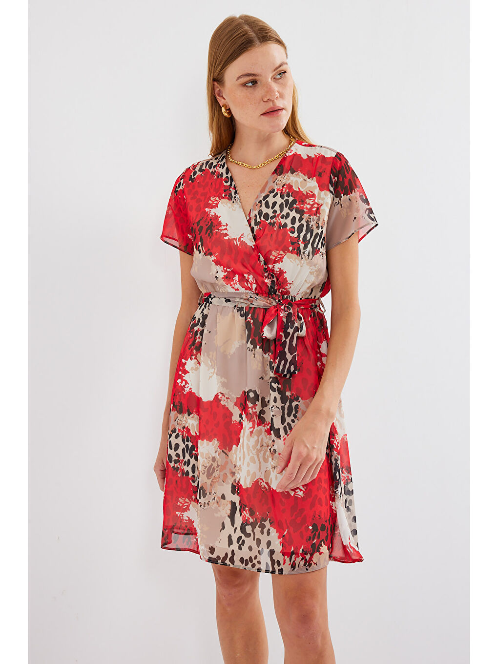 2502 Kısa Kol Desenli Şifon Elbise - Kırmızı-3