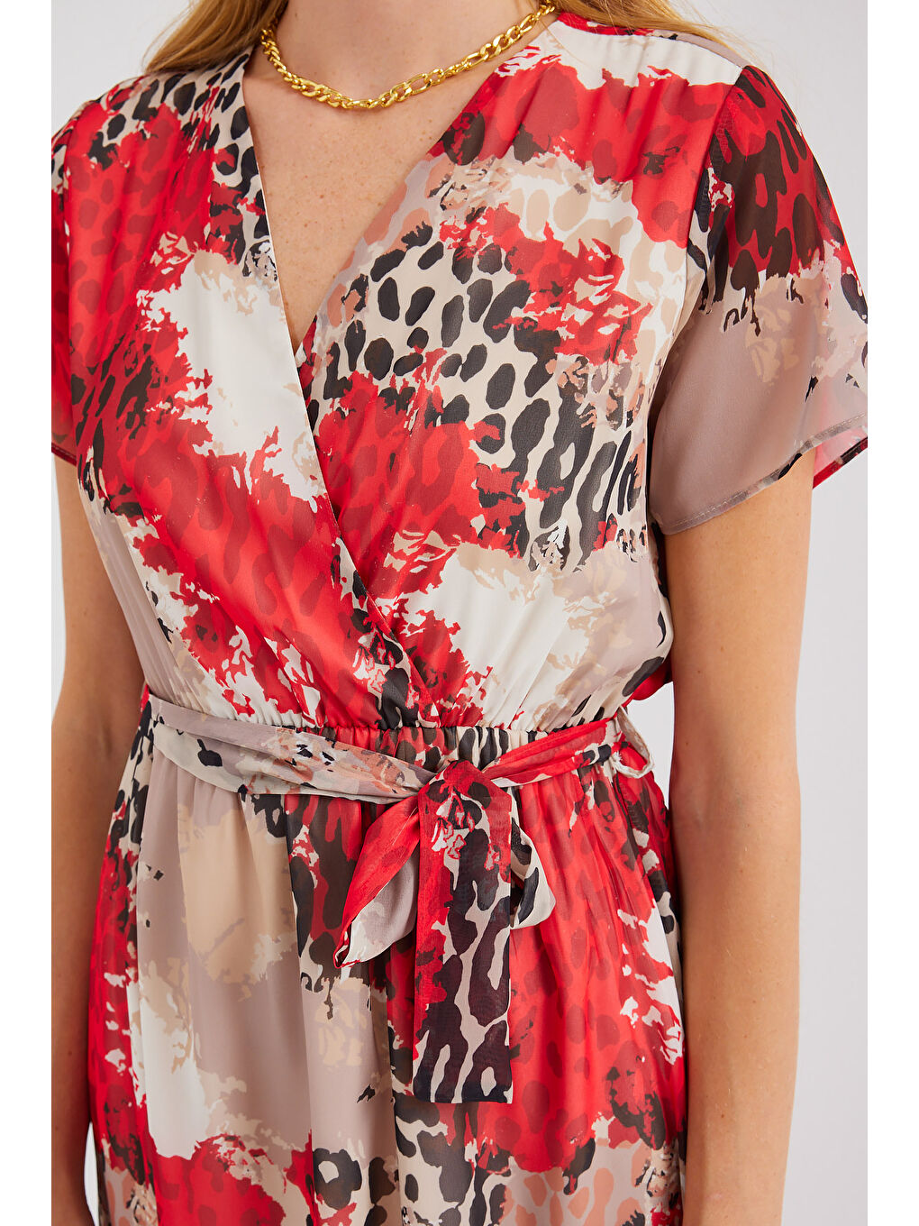 2502 Kısa Kol Desenli Şifon Elbise - Kırmızı-4