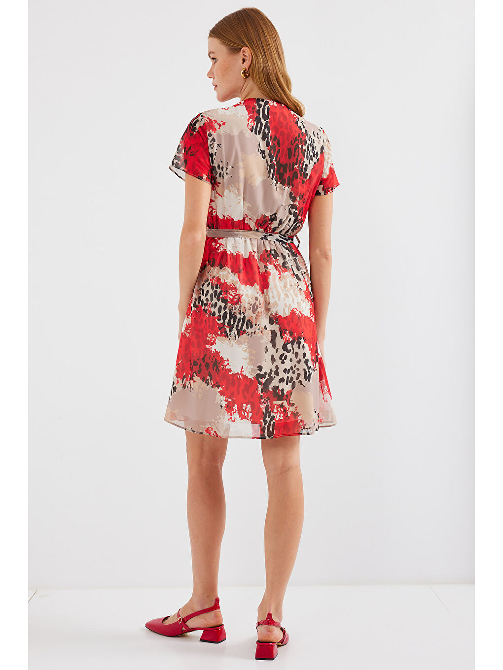 2502 Kısa Kol Desenli Şifon Elbise - Kırmızı-5