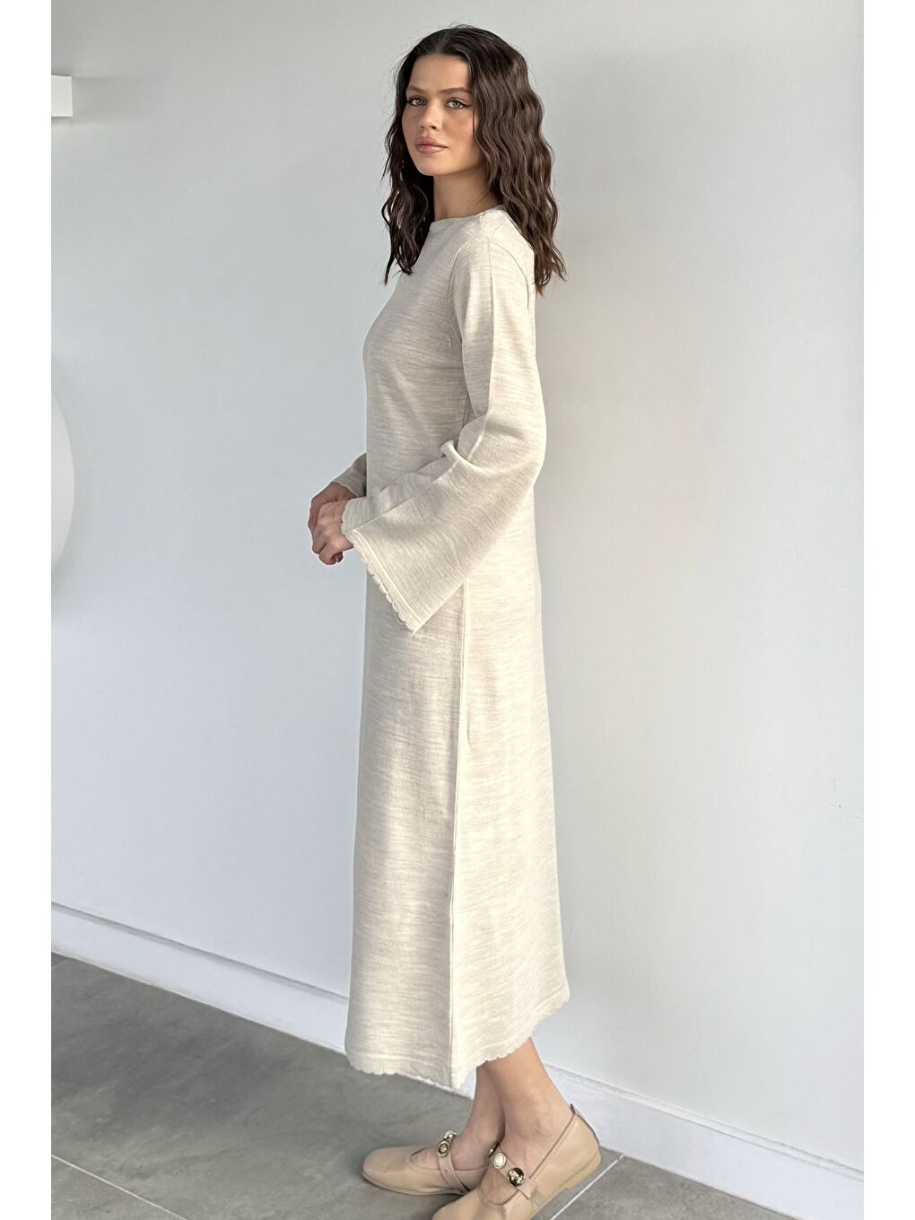 Bej Bisiklet Yaka Triko Elbise-3