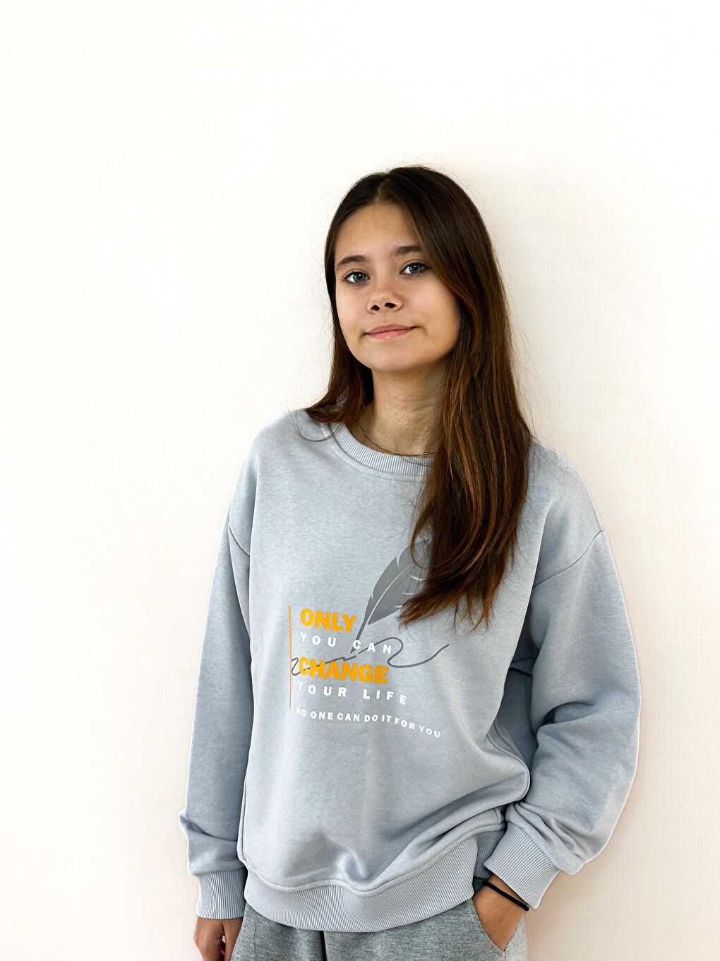 Gri Unisex Bisiklet Yaka Baskılı Sweatshirt-2