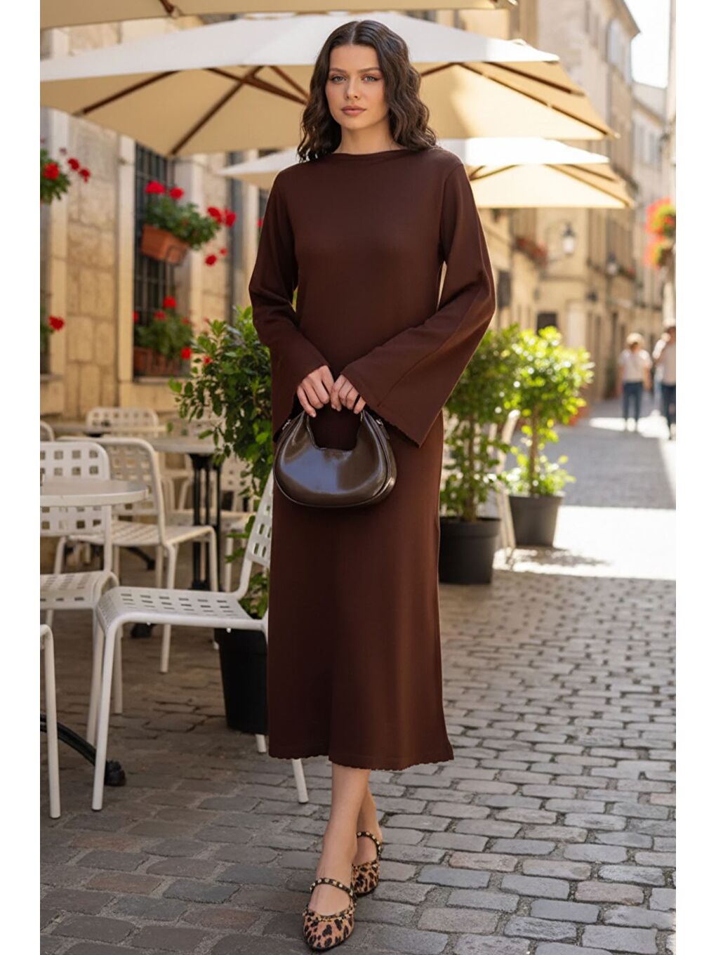 Kahverengi Bisiklet Yaka Triko Elbise-1