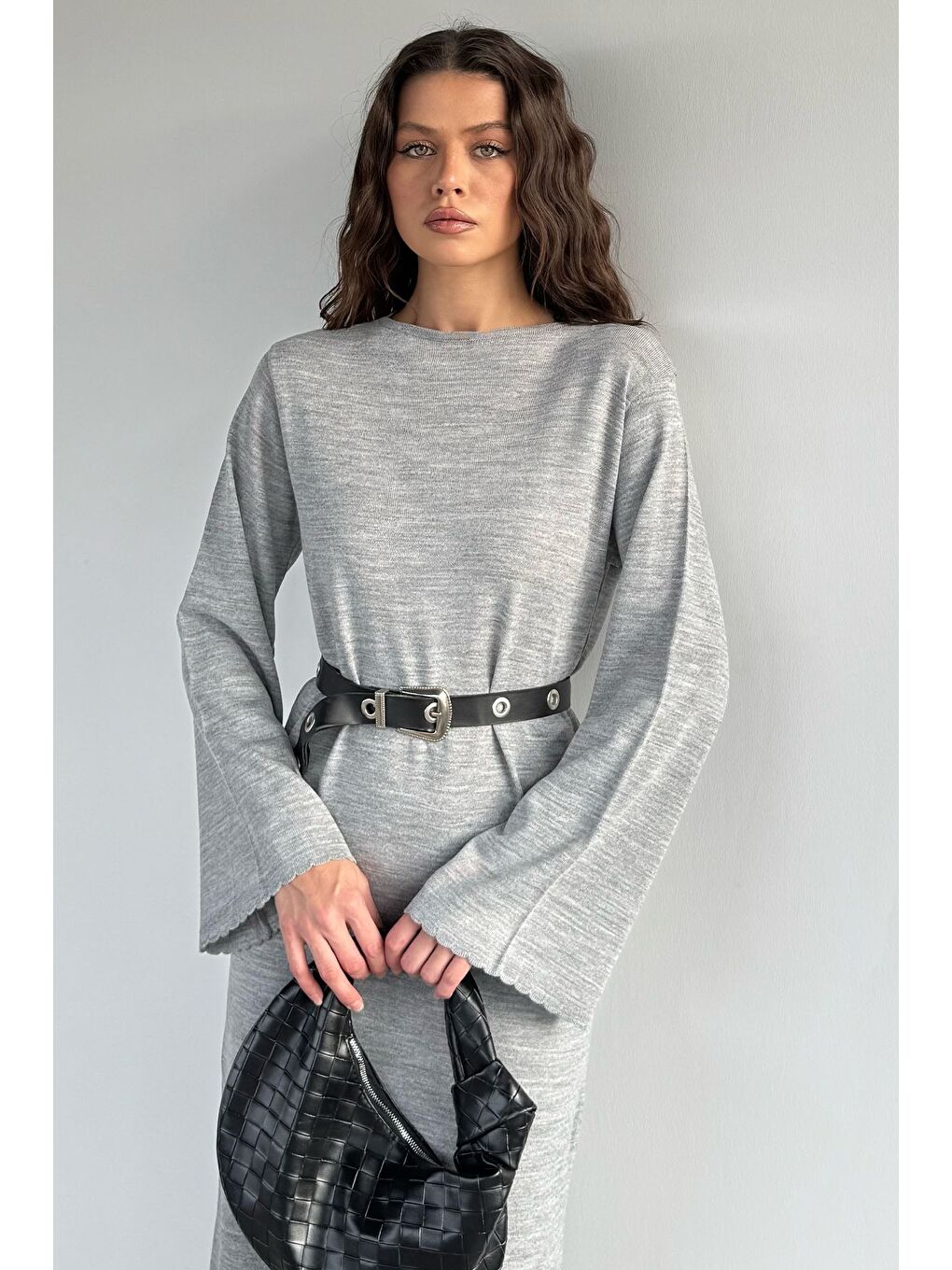 Gri Bisiklet Yaka Triko Elbise-1