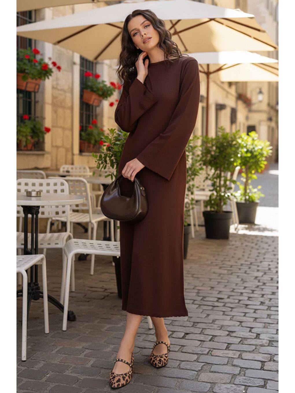 Kahverengi Bisiklet Yaka Triko Elbise-2