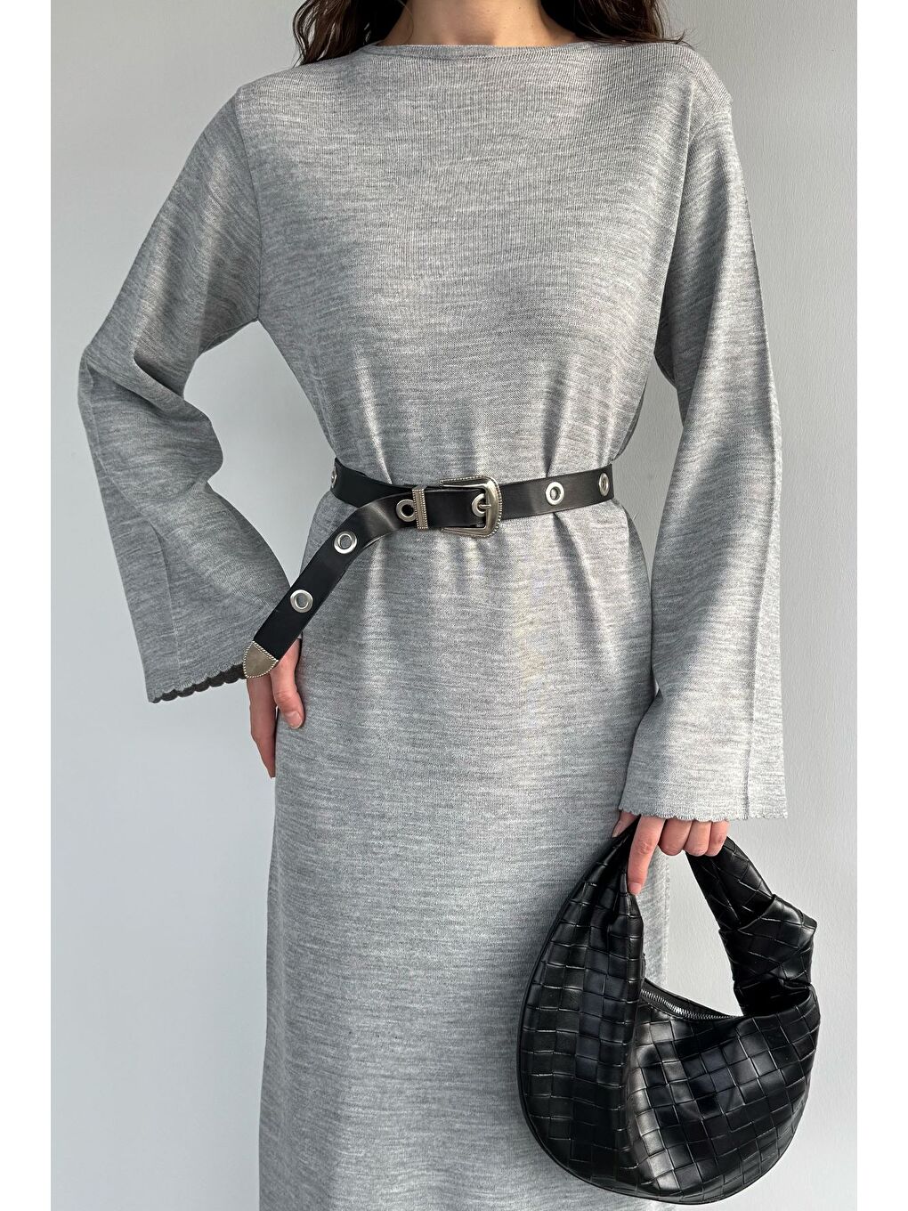 Gri Bisiklet Yaka Triko Elbise-2