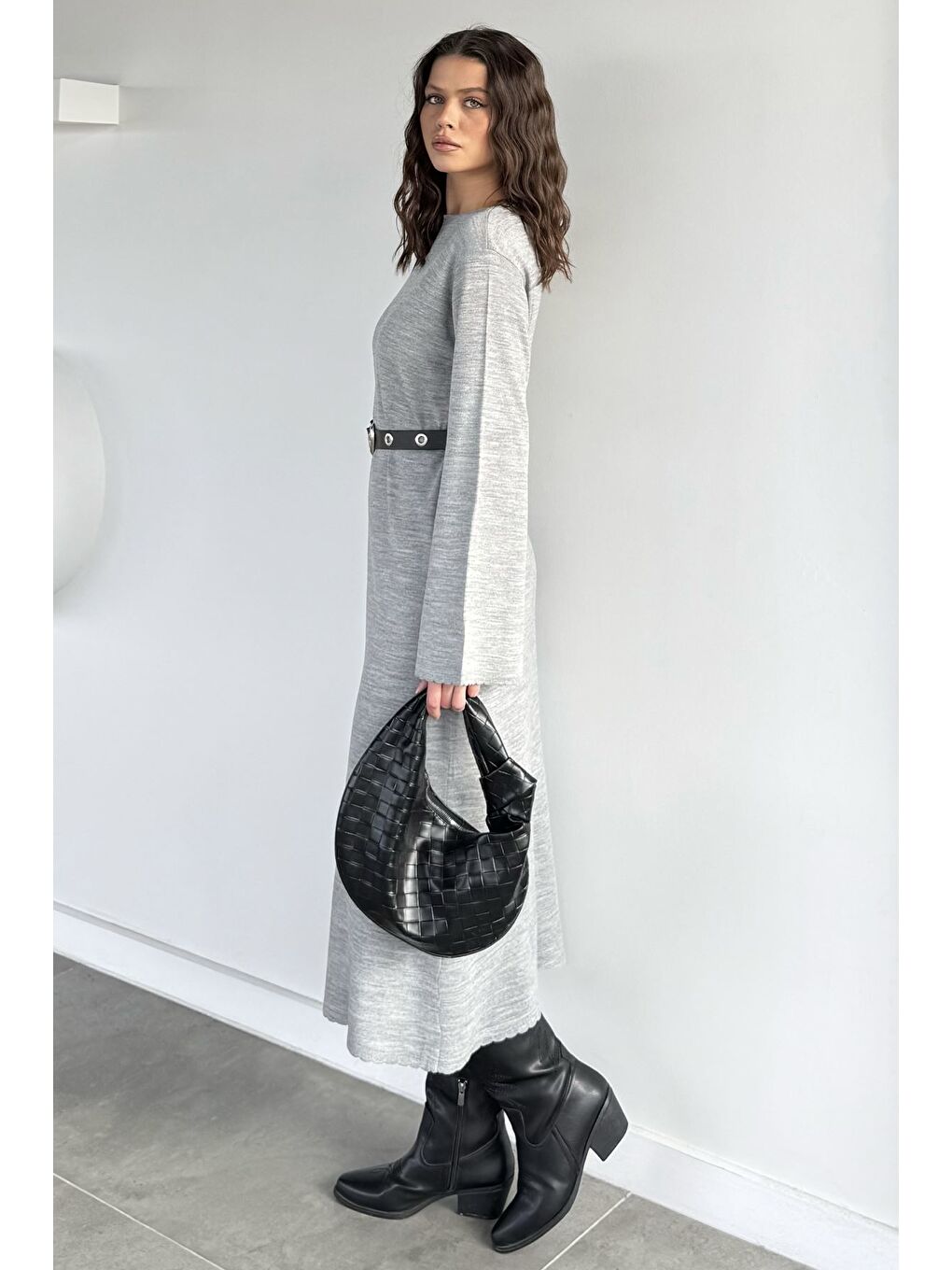 Gri Bisiklet Yaka Triko Elbise-3