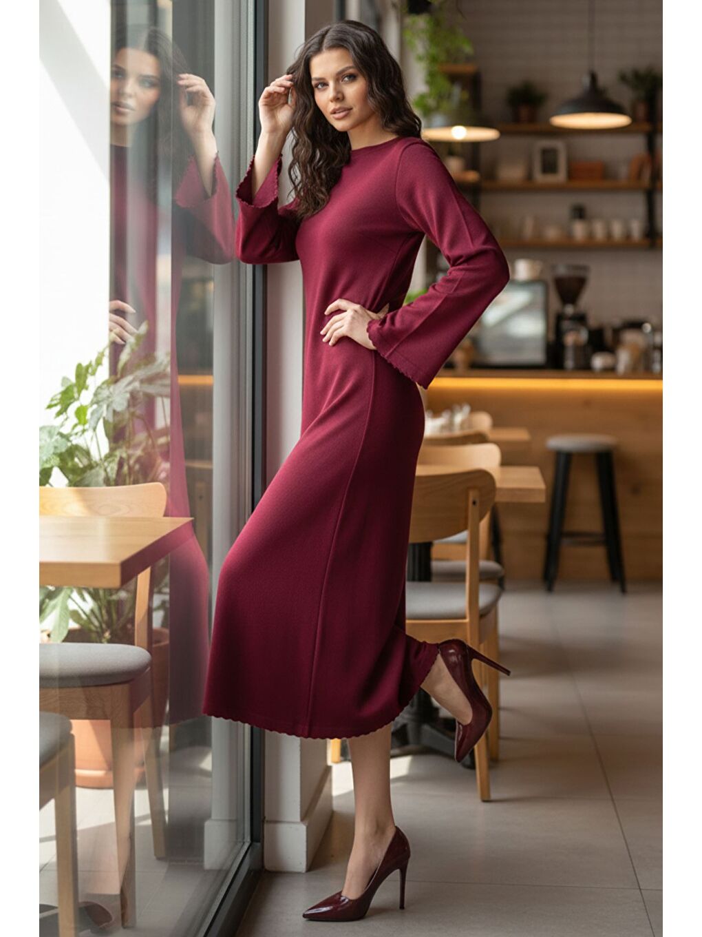 Bordo Bisiklet Yaka Triko Elbise