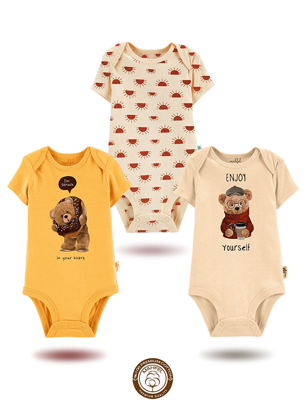 Turuncu 3'Lü %100 Pamuklu Organik Baskılı Kısa Kollu Çıtçıtlı Bebek Body Zıbın 833-832