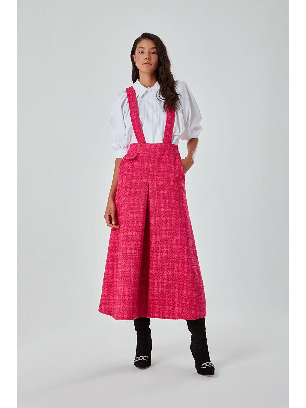 Tüvit Dokulu Askılı Jile Fuşya Elbise-1