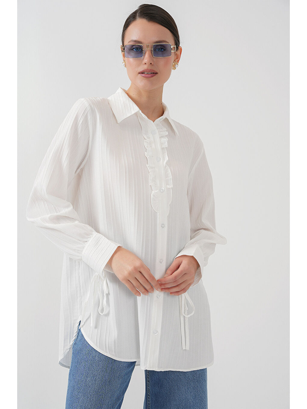 Fırfırlı Uzun Gömlek Tunik 5953 - Beyaz