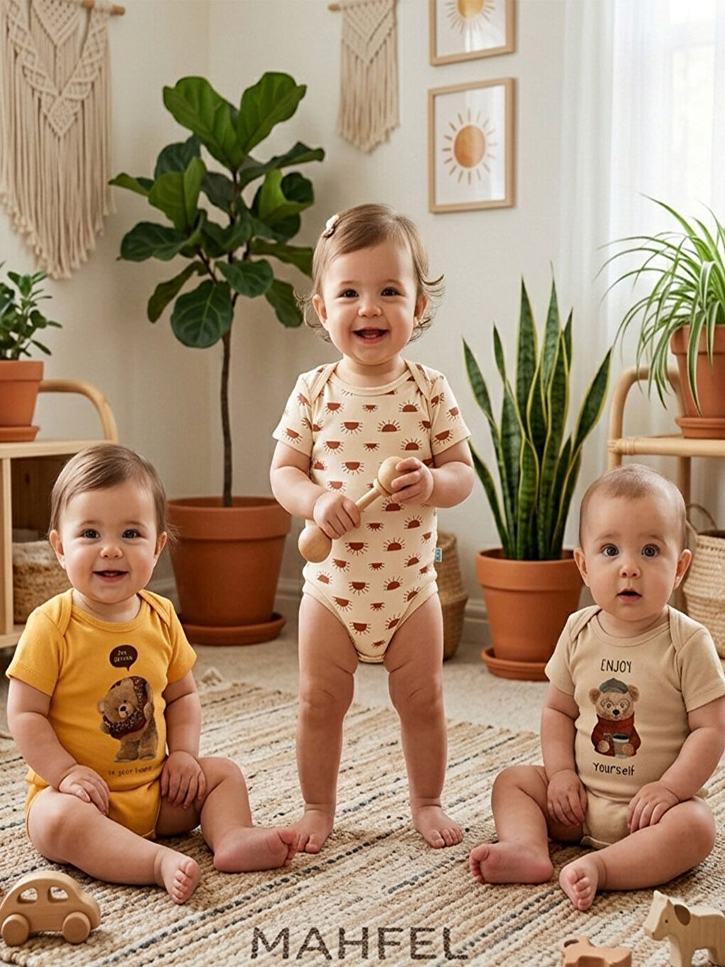 Turuncu 3'Lü %100 Pamuklu Organik Baskılı Kısa Kollu Çıtçıtlı Bebek Body Zıbın 833-832-1