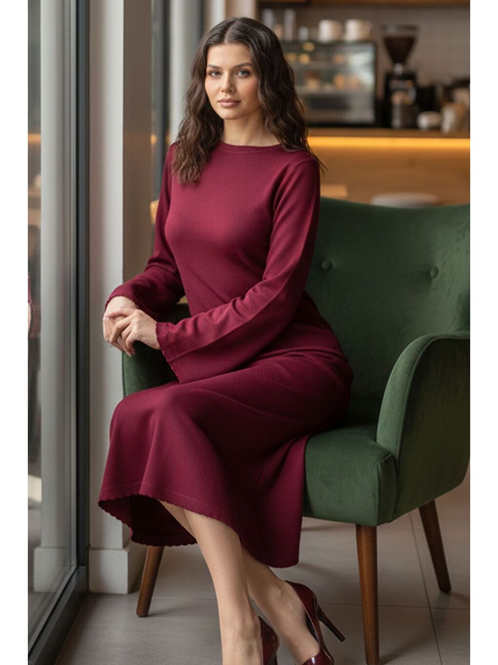 Bordo Bisiklet Yaka Triko Elbise-2