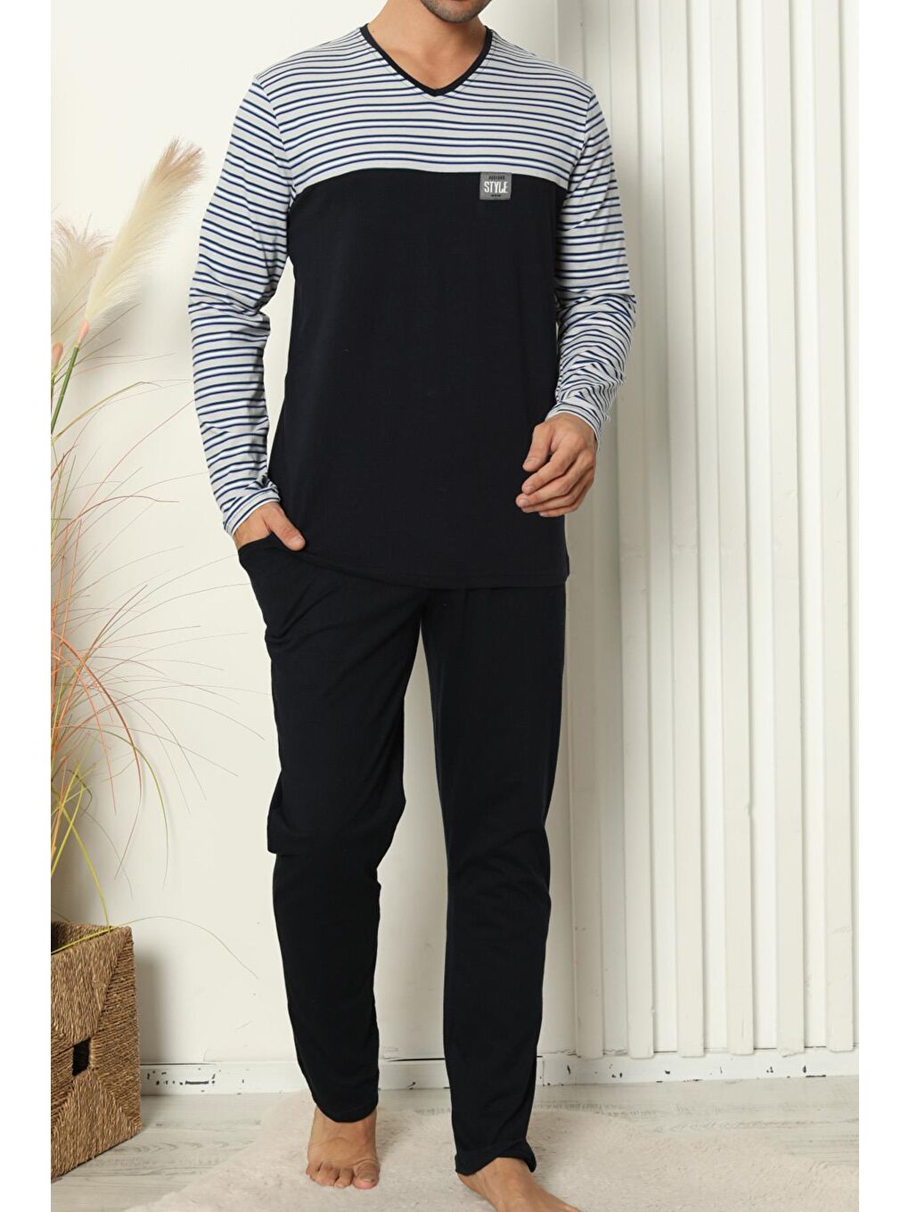 Lacivert Erkek Pijama Takımı Büyük Beden Uzun Kollu Cepli Pamuk Elastanlı