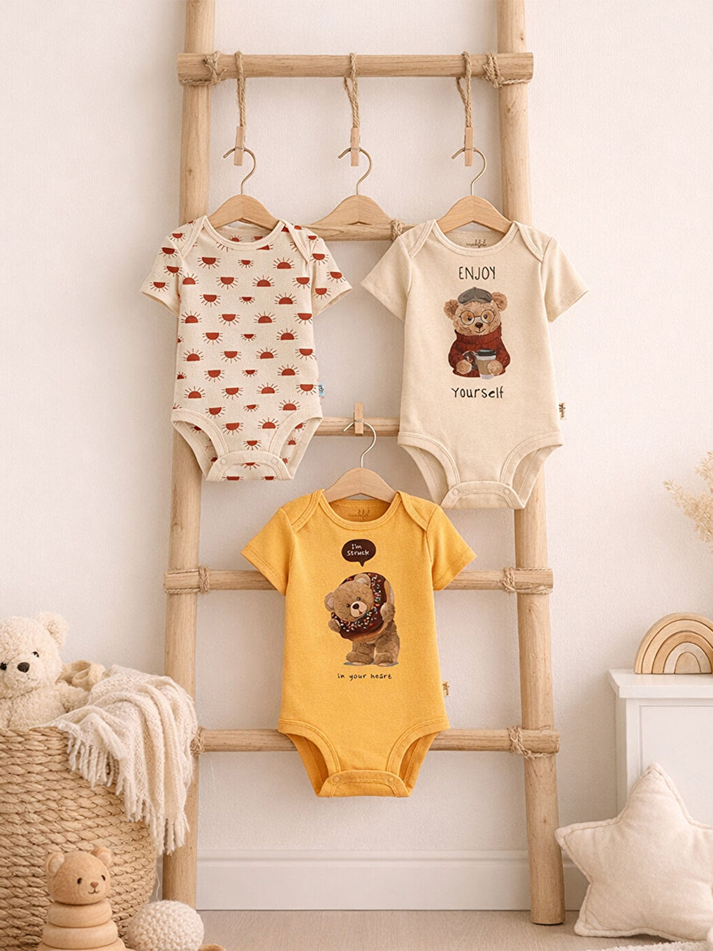 Turuncu 3'Lü %100 Pamuklu Organik Baskılı Kısa Kollu Çıtçıtlı Bebek Body Zıbın 833-832-2