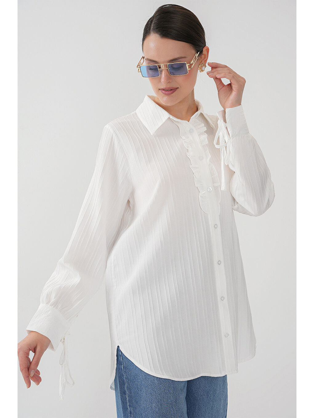 Fırfırlı Uzun Gömlek Tunik 5953 - Beyaz-2