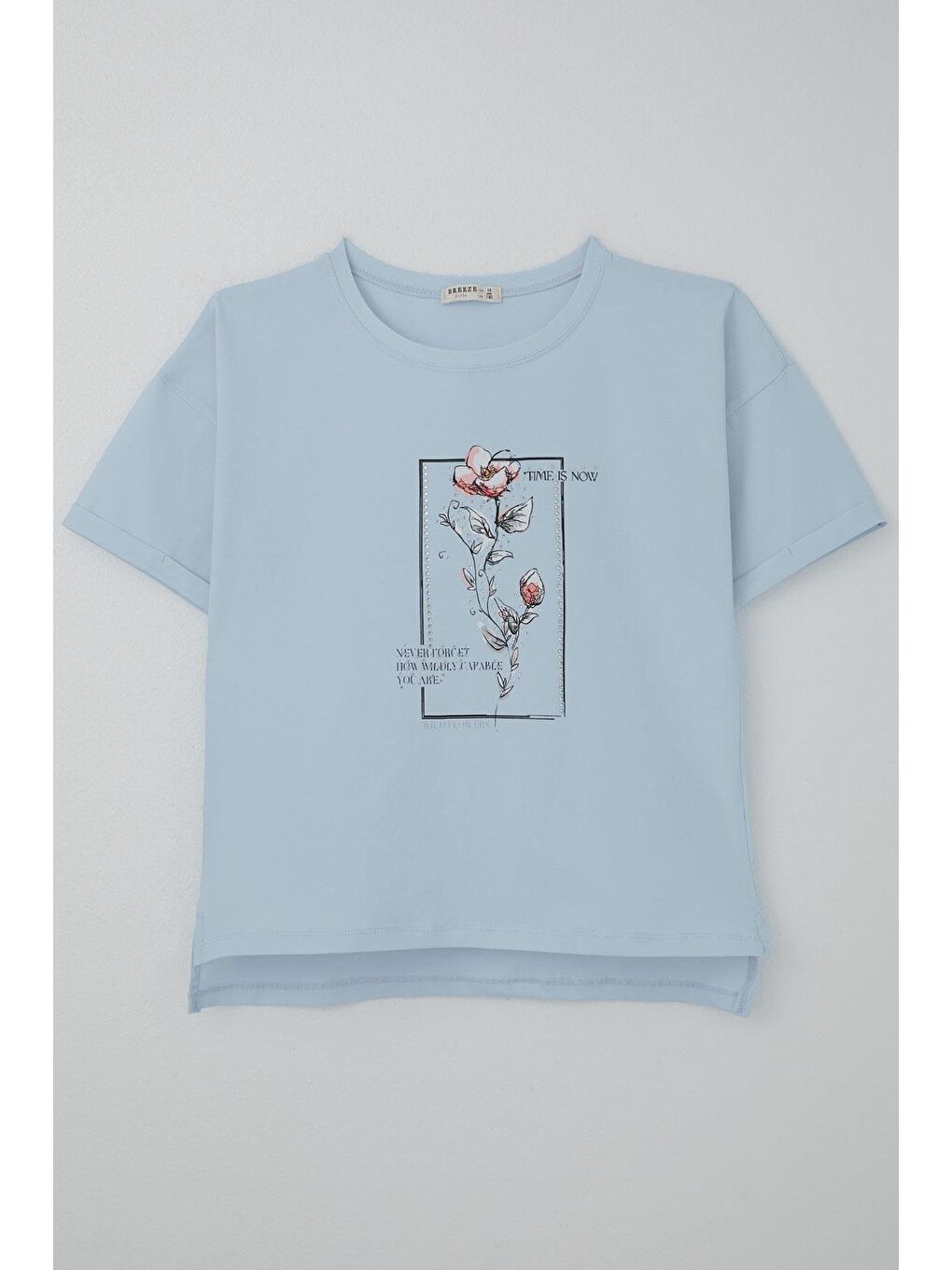 Kız Çocuk Tişört Taş Aksesuarlı Çiçek Baskılı Açık Mavi (9-16 Yaş)
