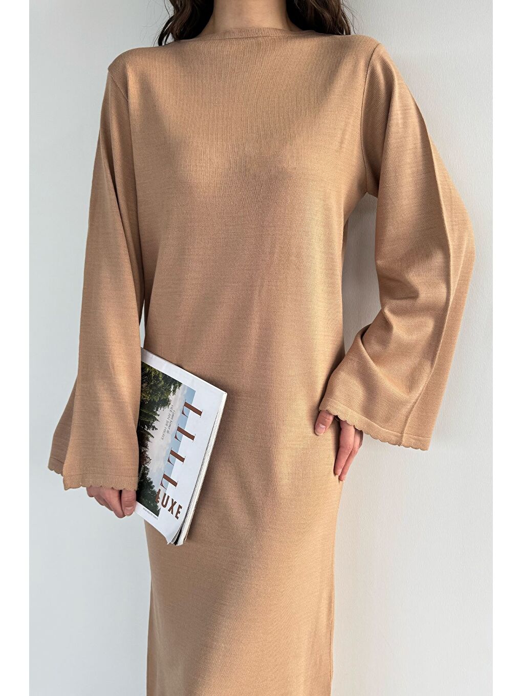 Ekru Bisiklet Yaka Triko Elbise-1