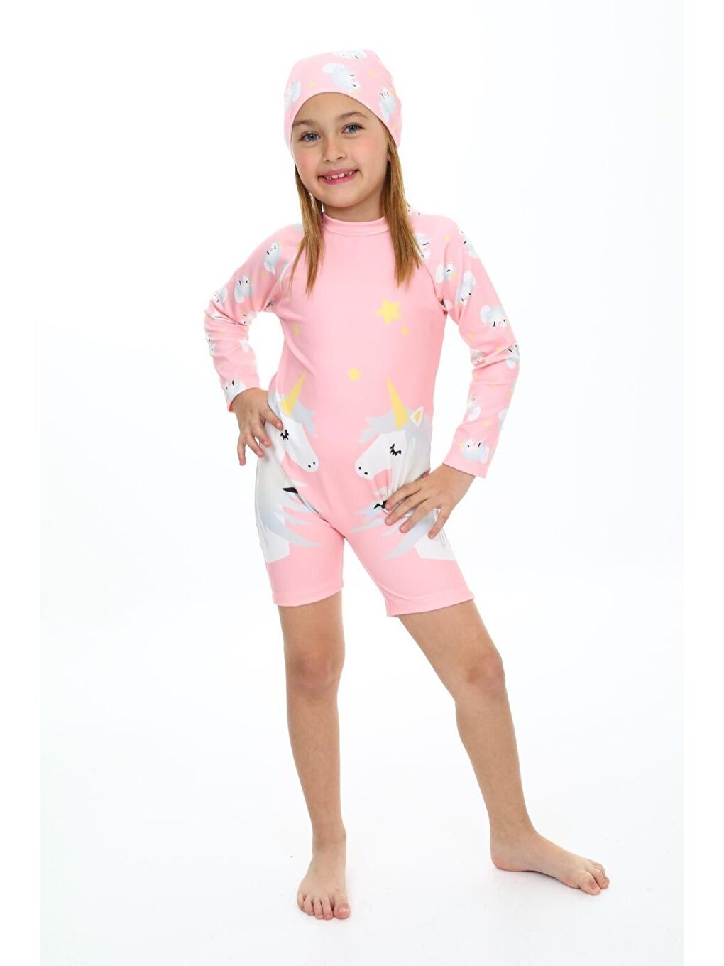 Pembe Kız Çocuk Yüzücü Şortlu ve Boneli Mayo Takımı 3-10 Yaş 12235-1
