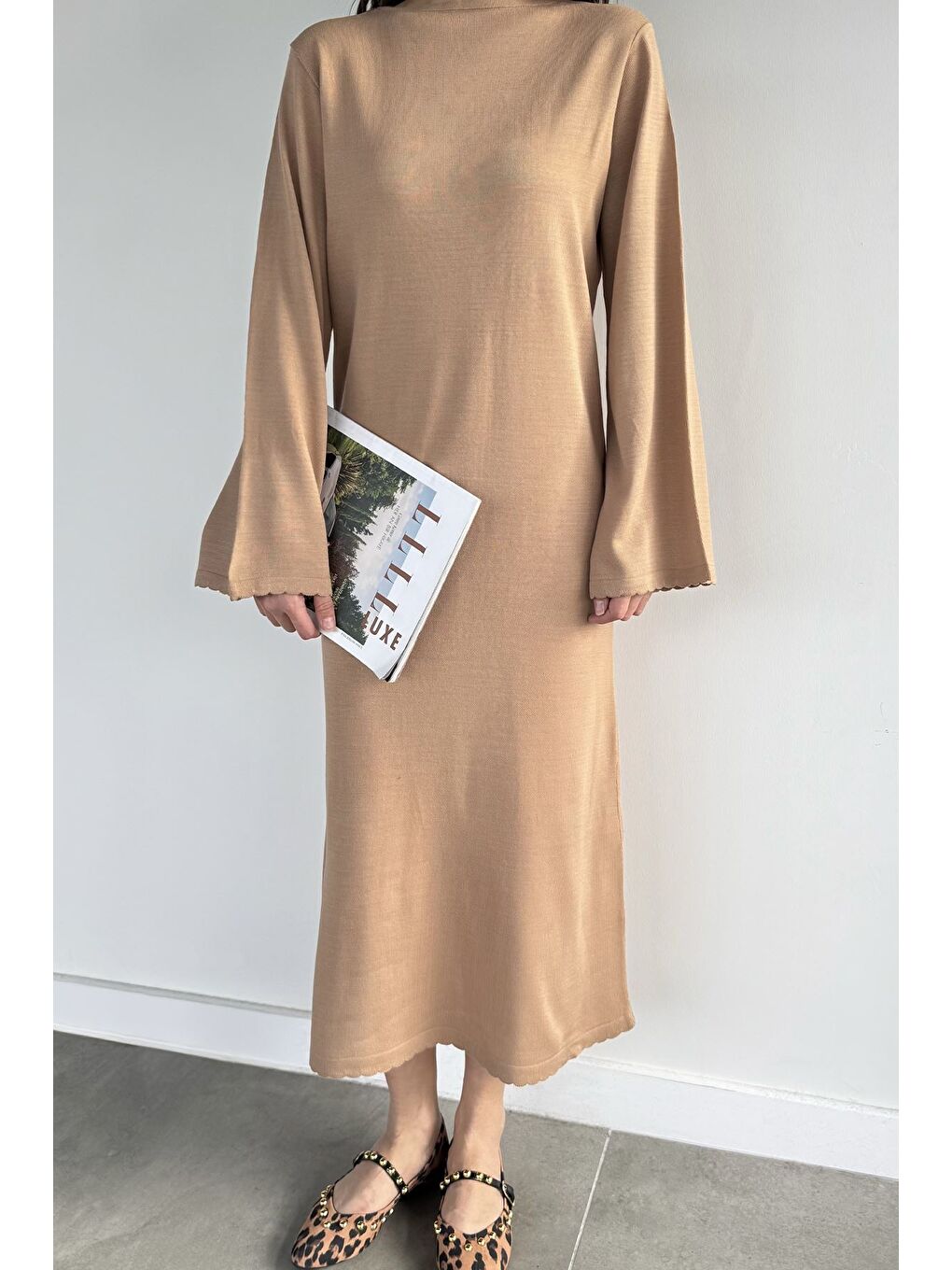 Ekru Bisiklet Yaka Triko Elbise-2