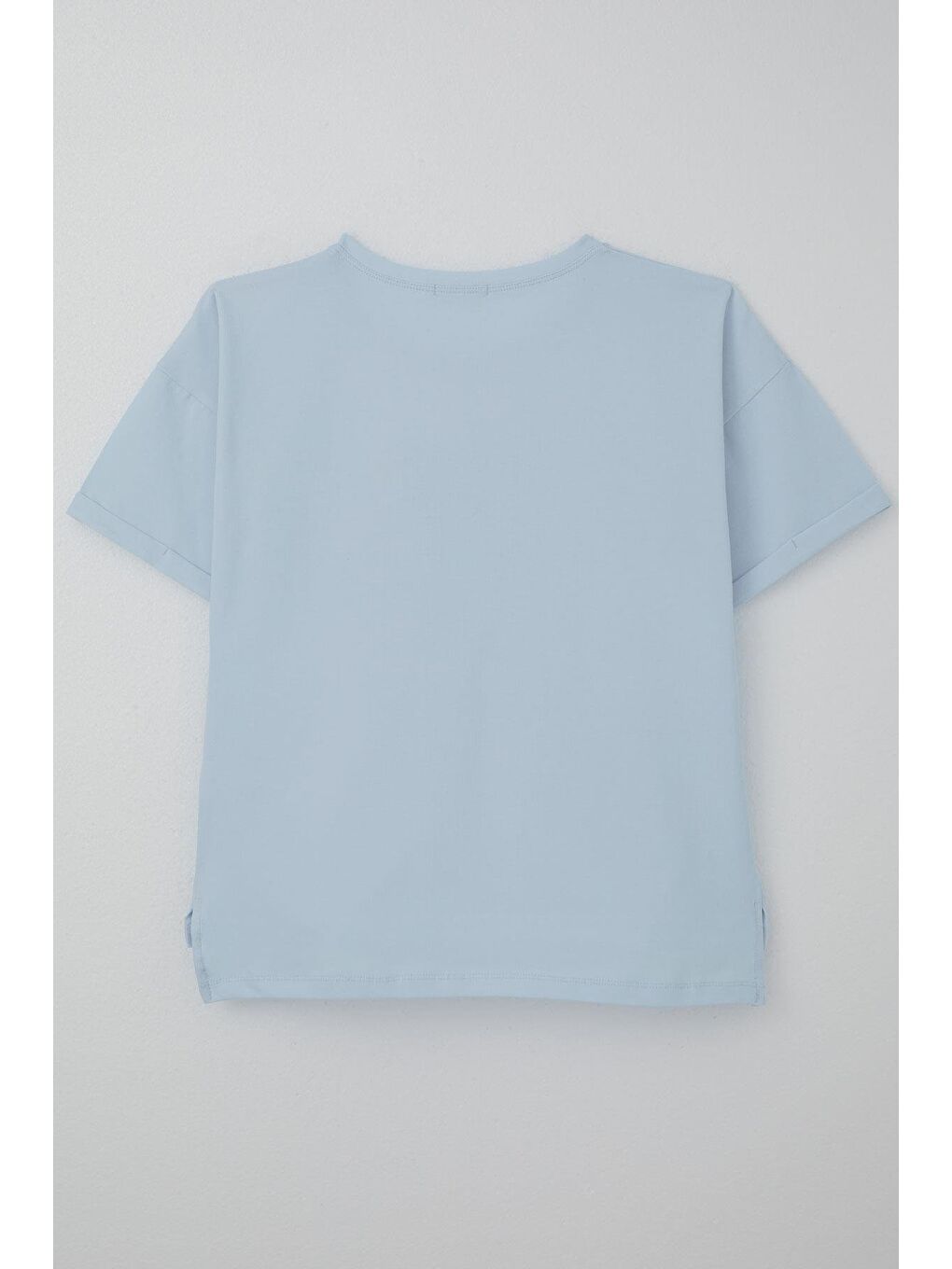 Kız Çocuk Tişört Taş Aksesuarlı Çiçek Baskılı Açık Mavi (9-16 Yaş)-1