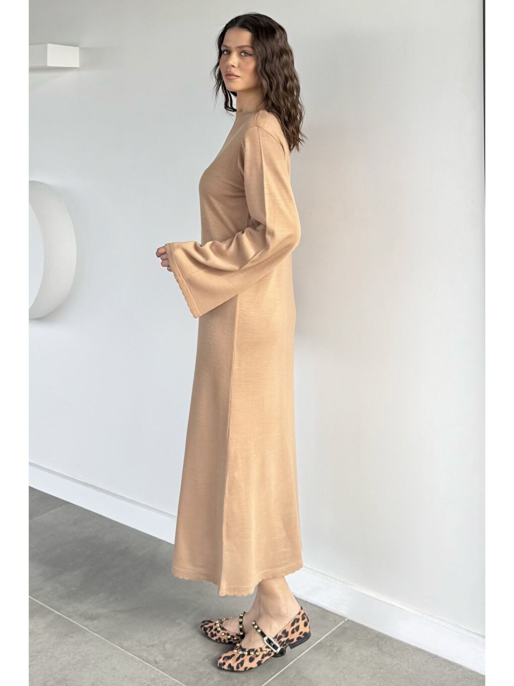 Ekru Bisiklet Yaka Triko Elbise-3