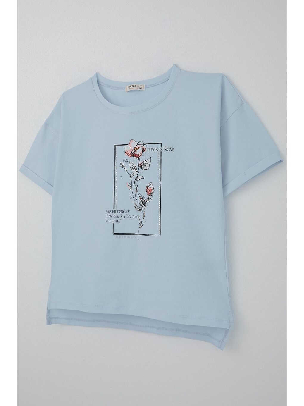 Kız Çocuk Tişört Taş Aksesuarlı Çiçek Baskılı Açık Mavi (9-16 Yaş)-2