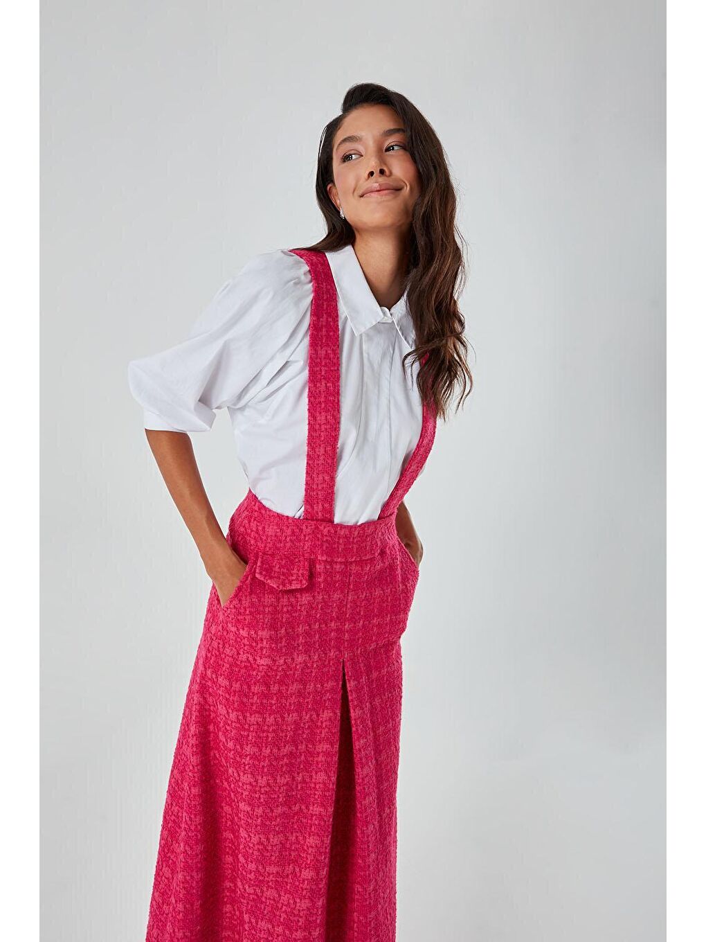 Tüvit Dokulu Askılı Jile Fuşya Elbise-3