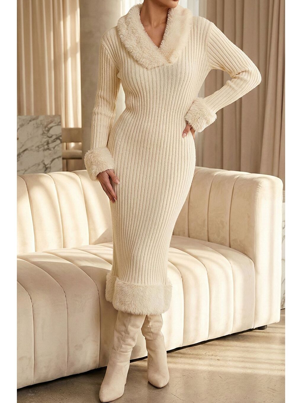 Ekru Kadın Yumoş Sakallı Triko Elbise