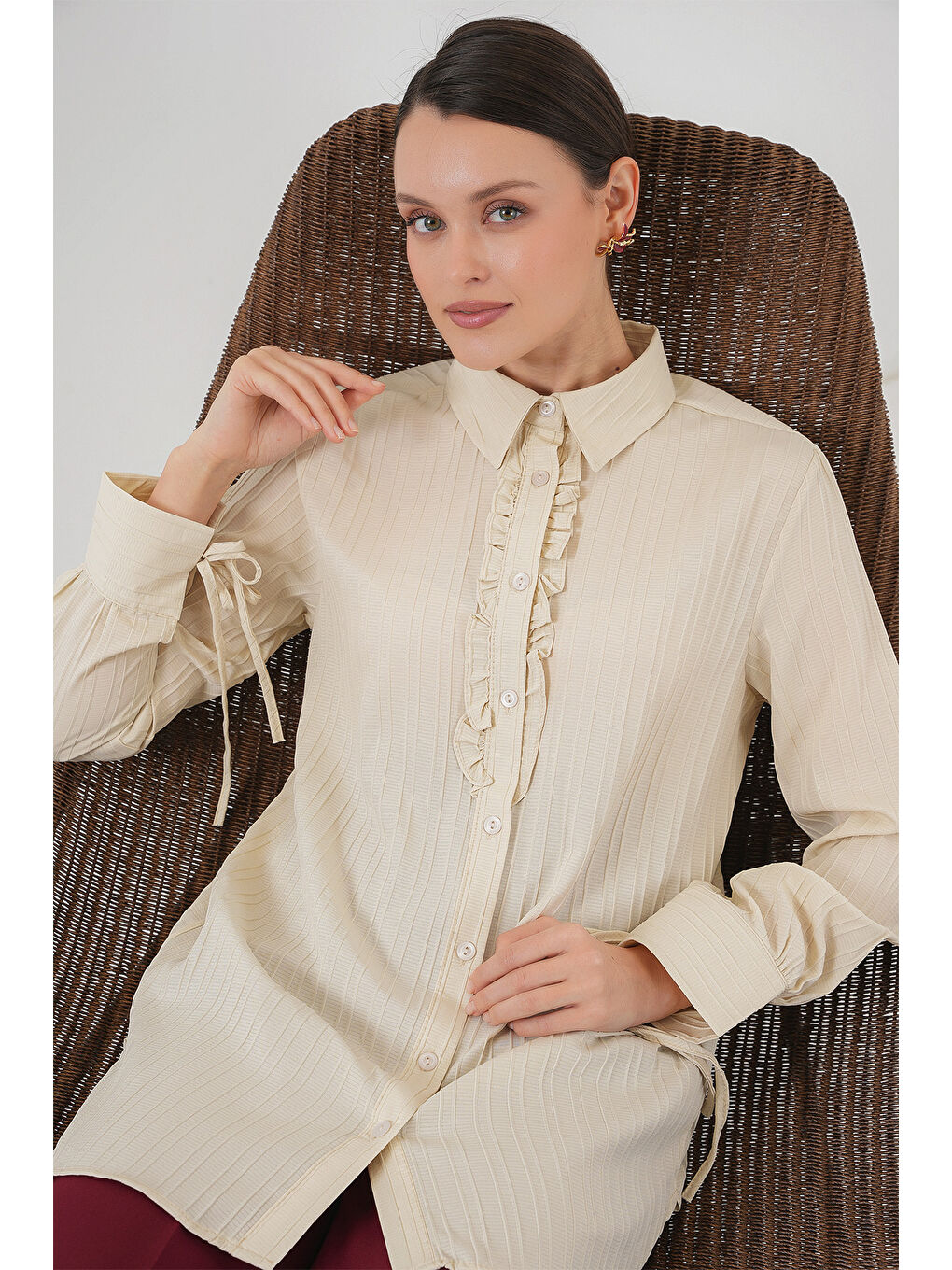 Fırfırlı Uzun Gömlek Tunik 5953 - Bej-2