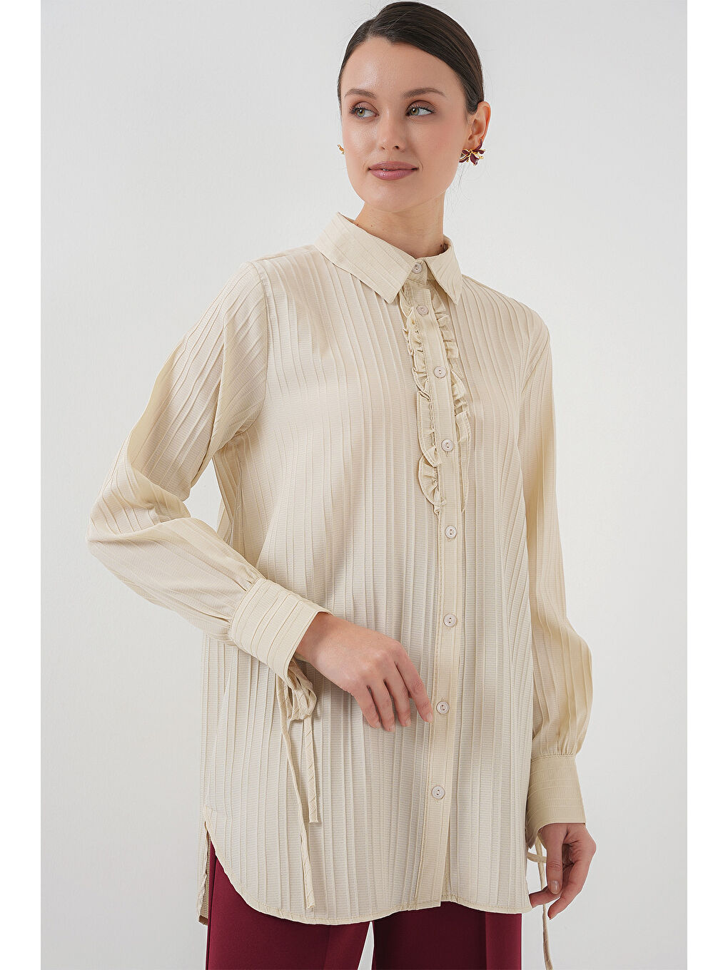 Fırfırlı Uzun Gömlek Tunik 5953 - Bej-3