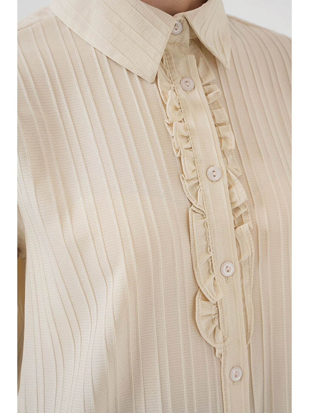 Fırfırlı Uzun Gömlek Tunik 5953 - Bej-4