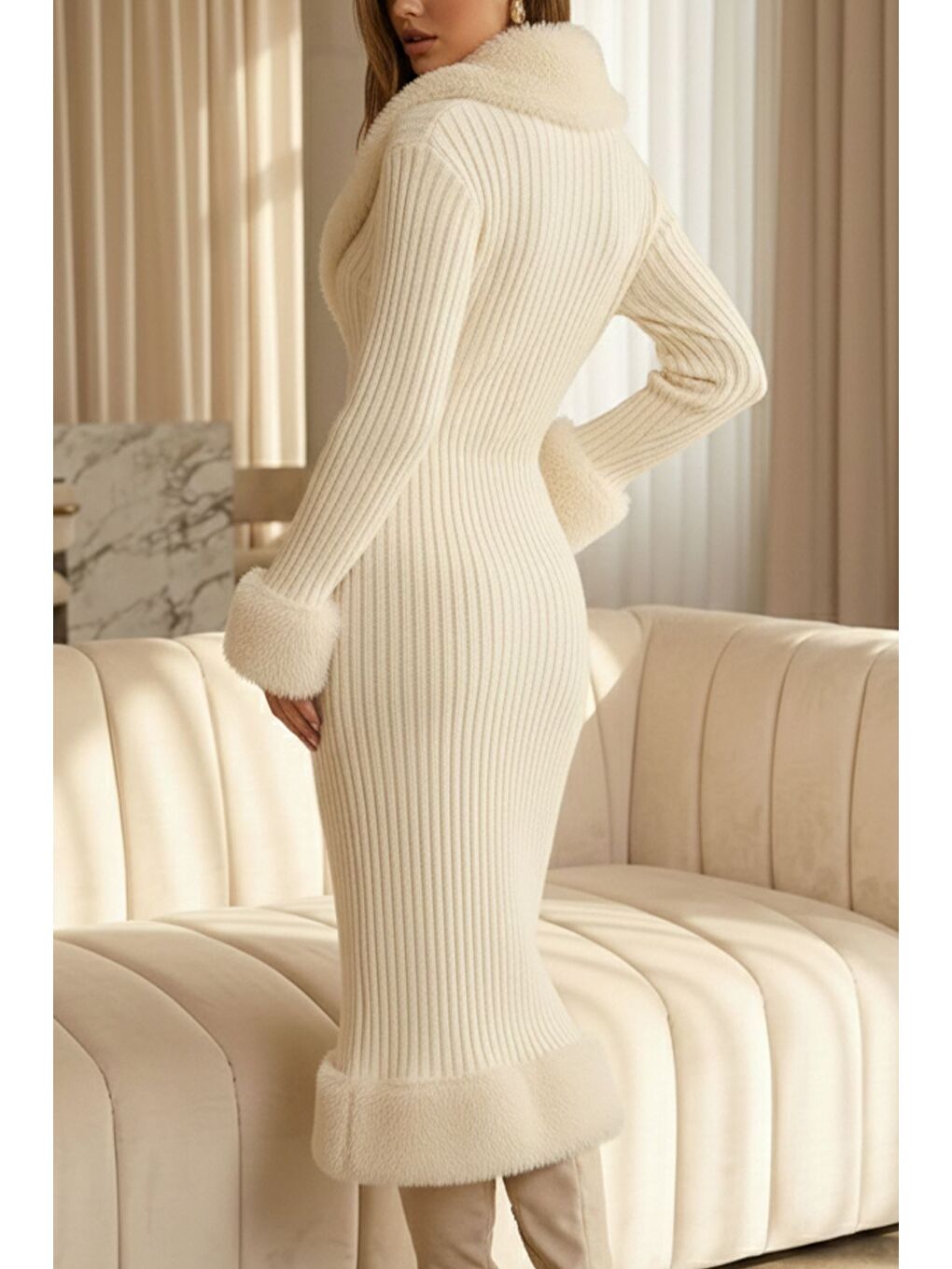 Ekru Kadın Yumoş Sakallı Triko Elbise-1