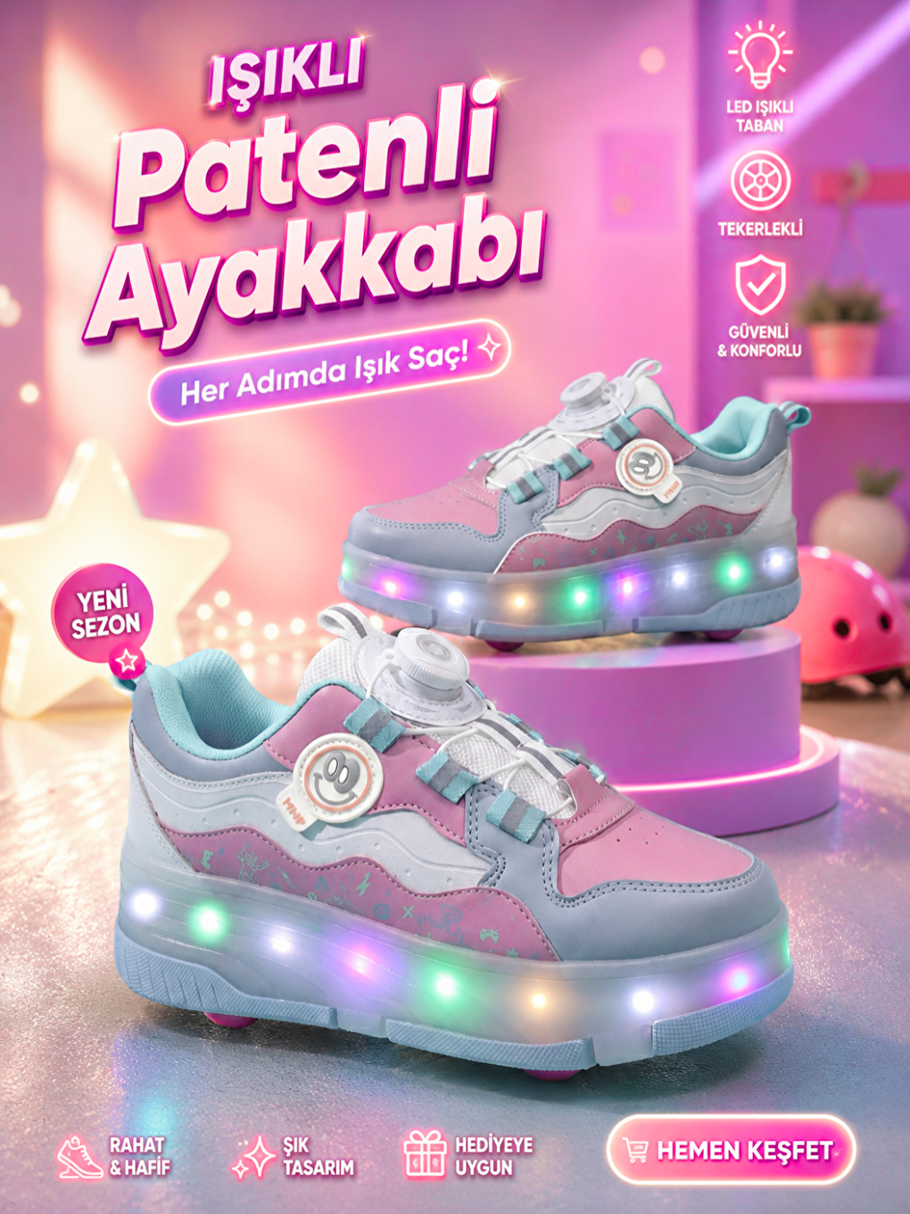 Pembe Cs Tak Çıkar Işıklı Patenli Kız Çocuk Ayakkabı-1
