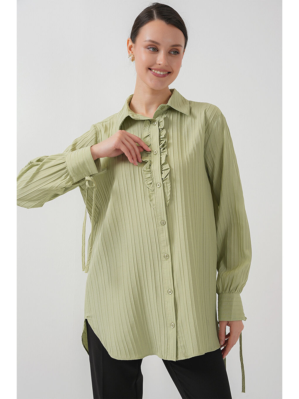 Yeşil Fırfırlı Uzun Gömlek Tunik 5953 - Çağla