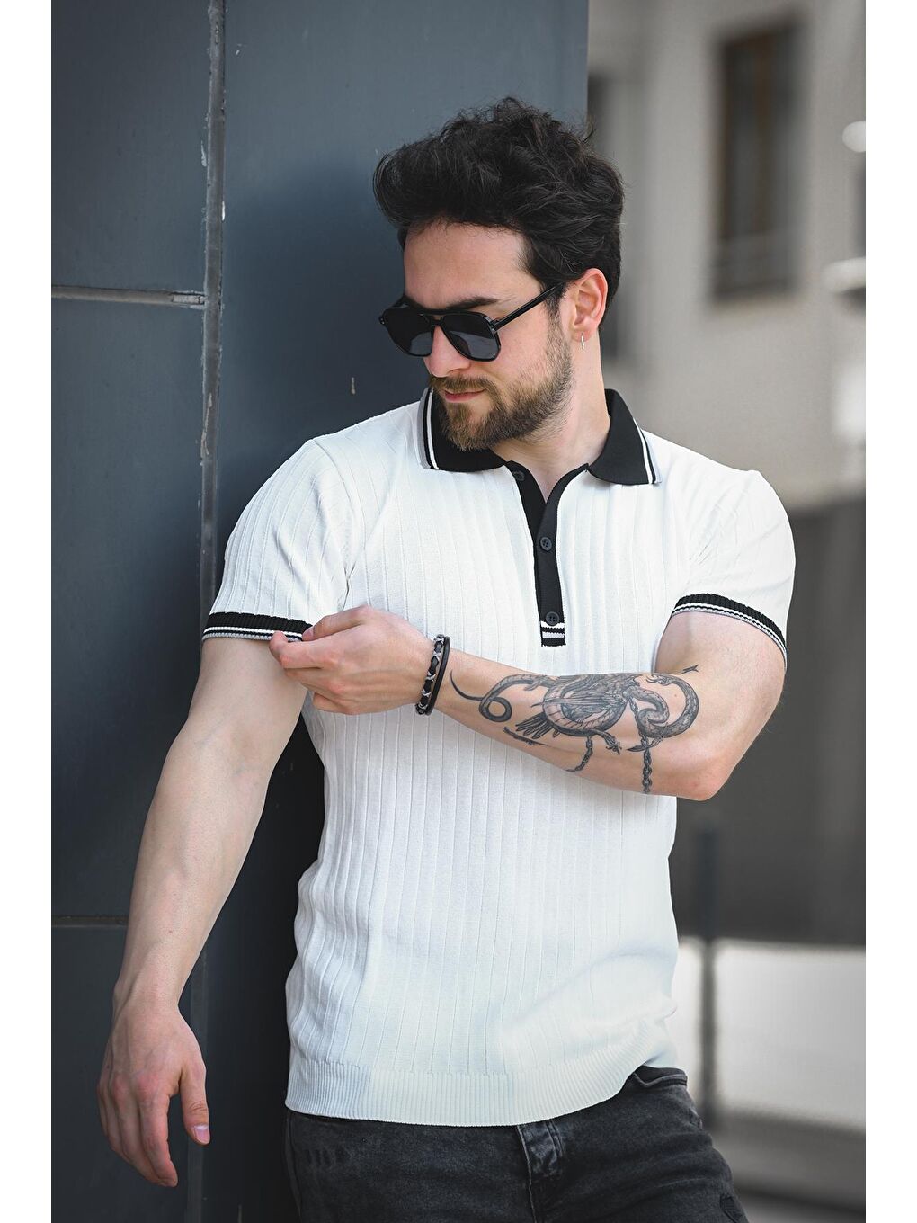 Beyaz Ferruc Çizgili Elastanlı Slim Fit Renkli Polo Yaka Örme Erkek Triko Tshirt-1