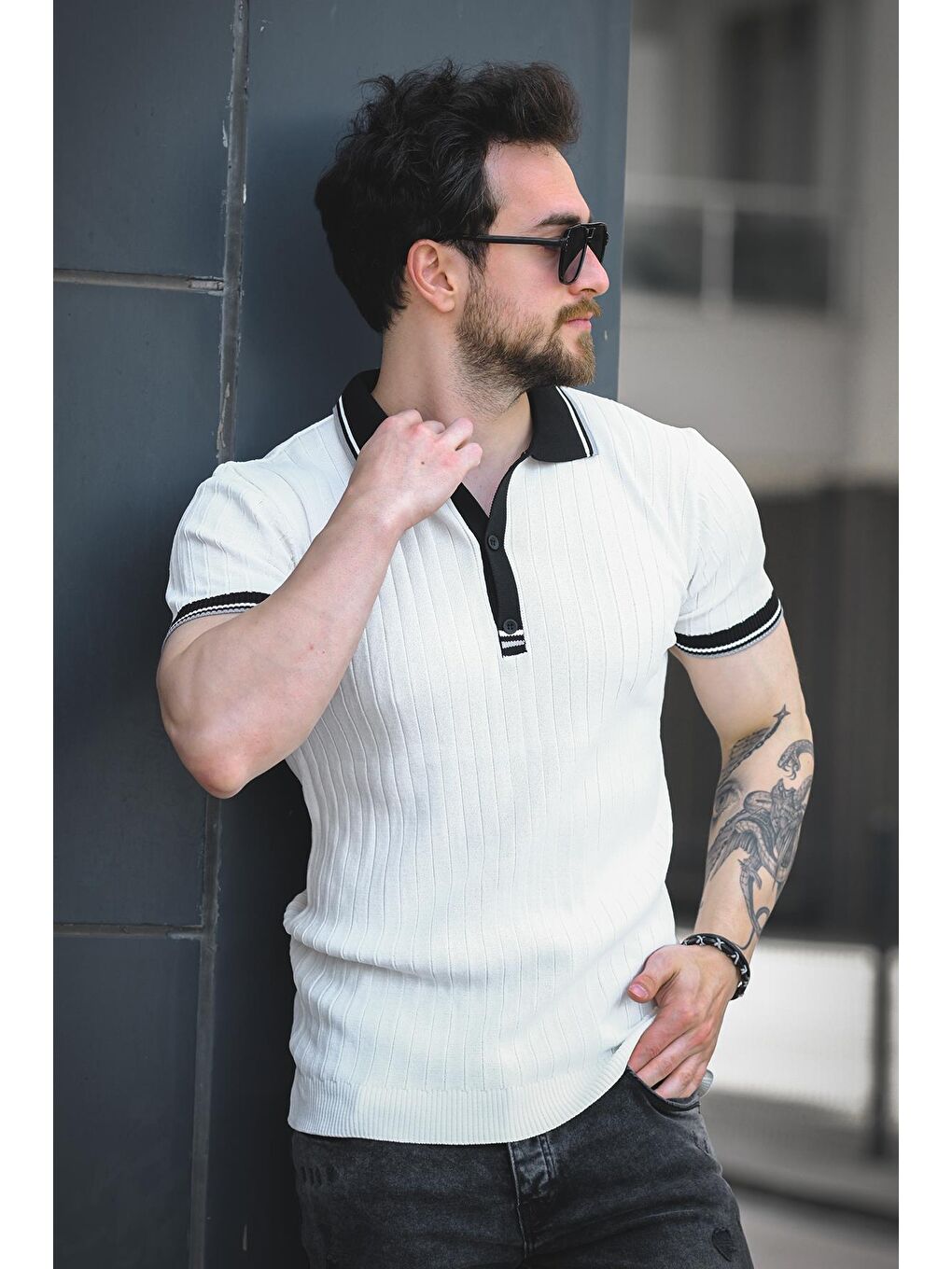 Beyaz Ferruc Çizgili Elastanlı Slim Fit Renkli Polo Yaka Örme Erkek Triko Tshirt-2