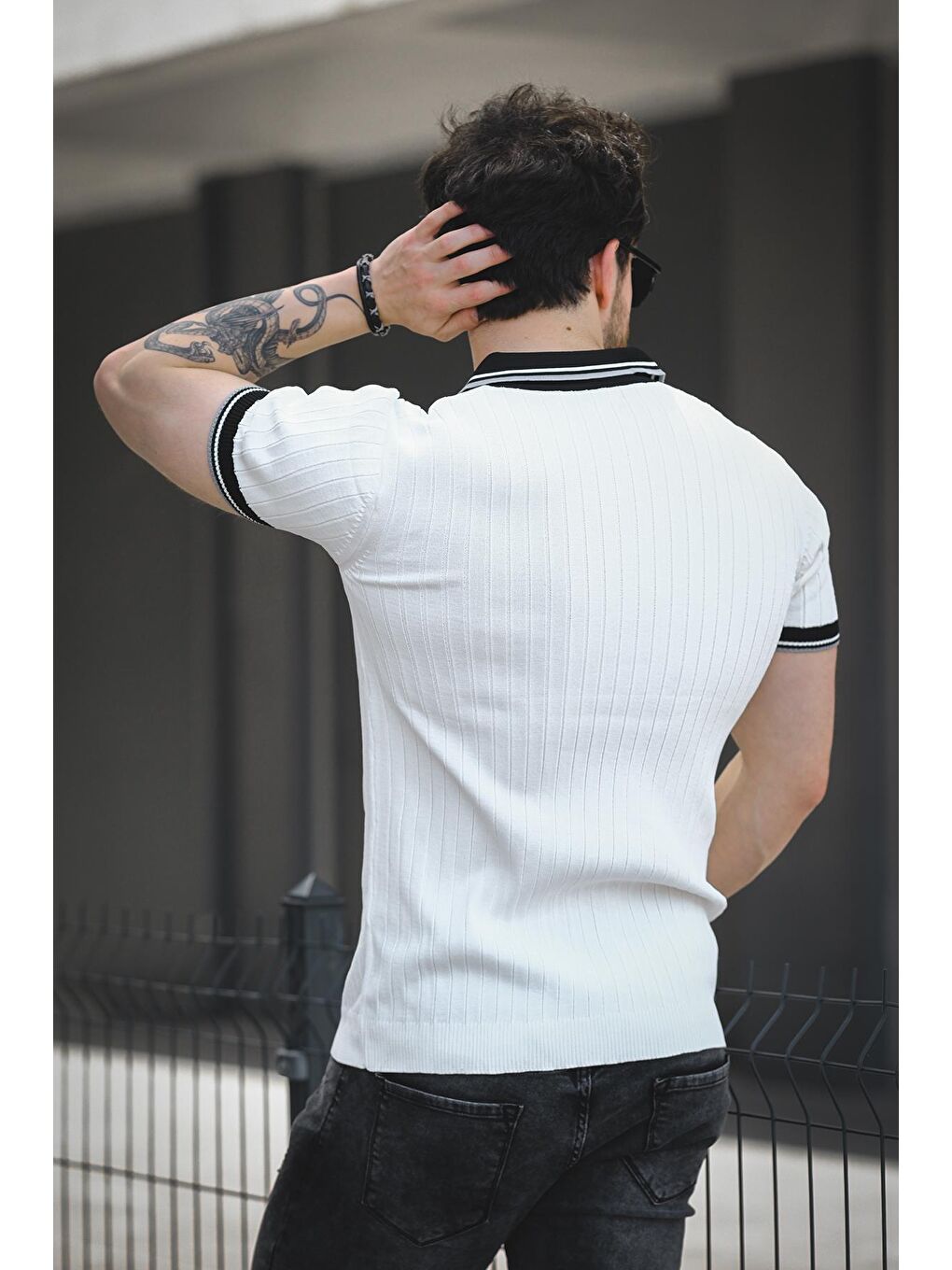 Beyaz Ferruc Çizgili Elastanlı Slim Fit Renkli Polo Yaka Örme Erkek Triko Tshirt-3