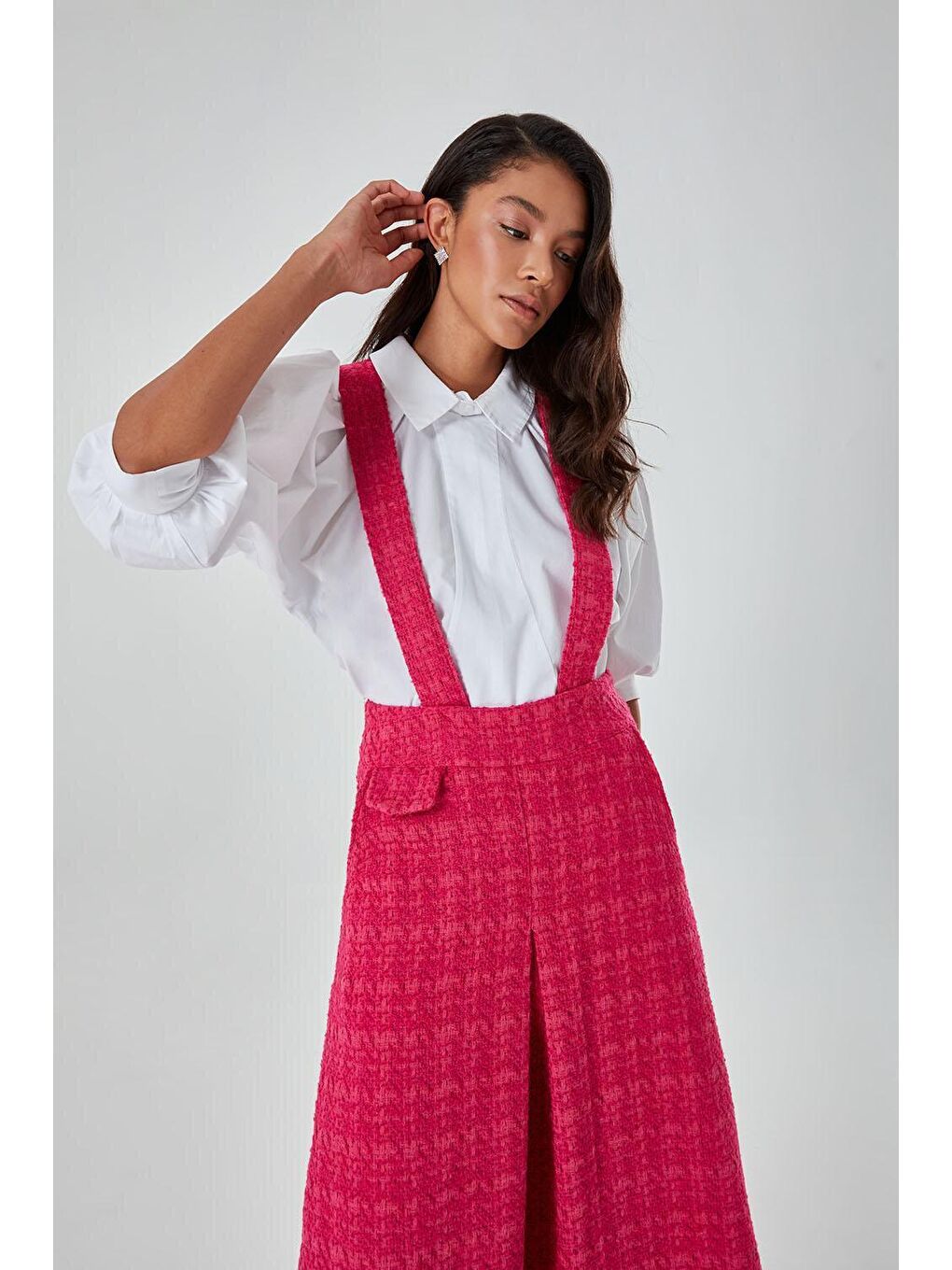 Tüvit Dokulu Askılı Jile Fuşya Elbise-4