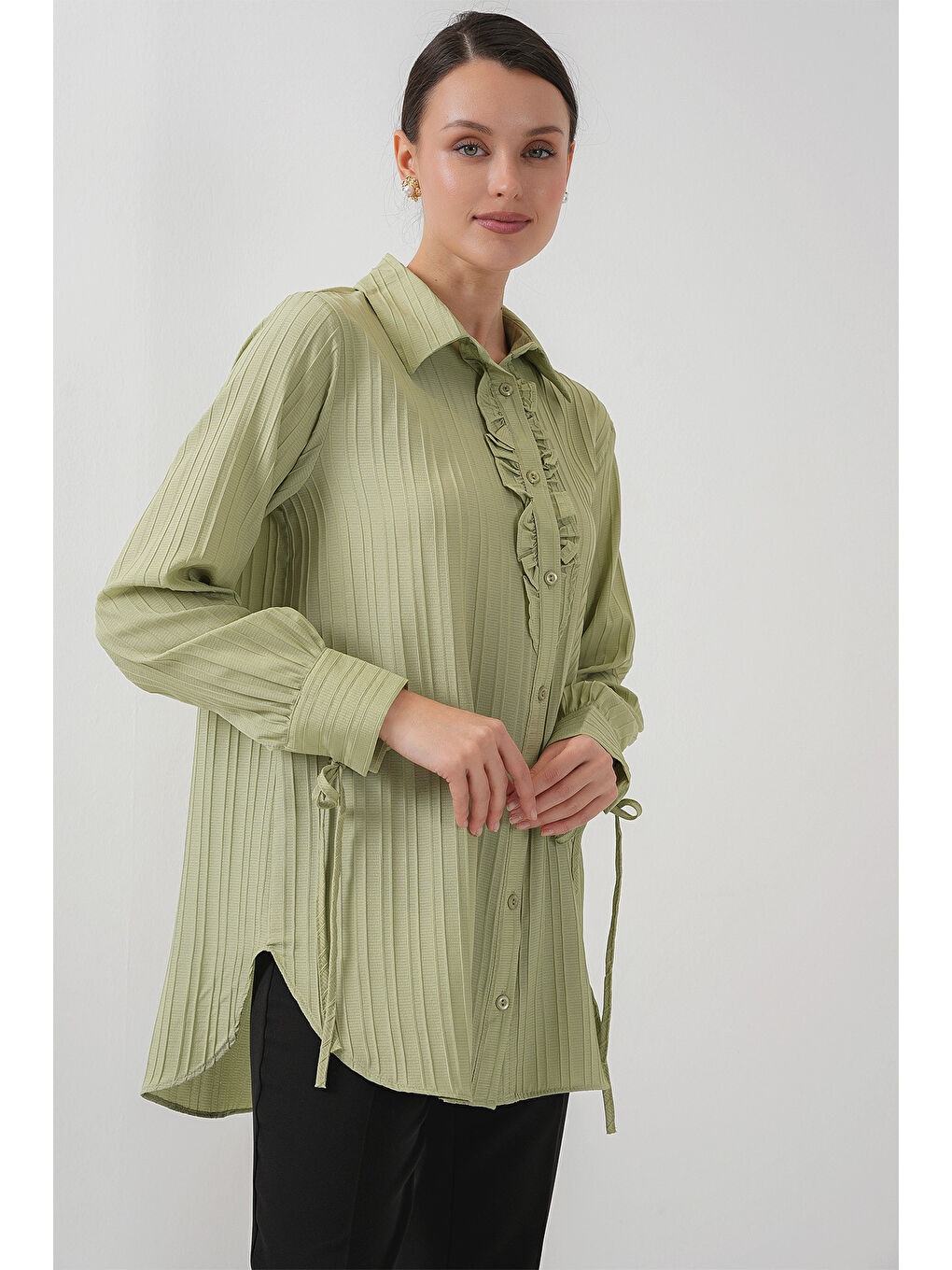 Yeşil Fırfırlı Uzun Gömlek Tunik 5953 - Çağla-2