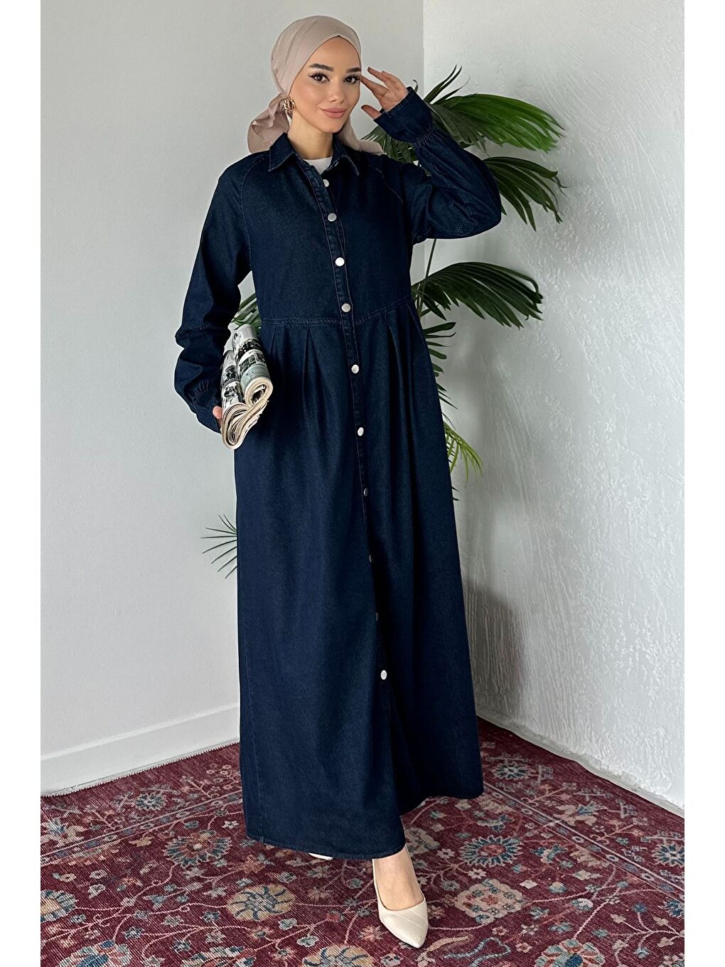 Lacivert Ön Düğmeli Tesettür Jean Jean Elbise-3