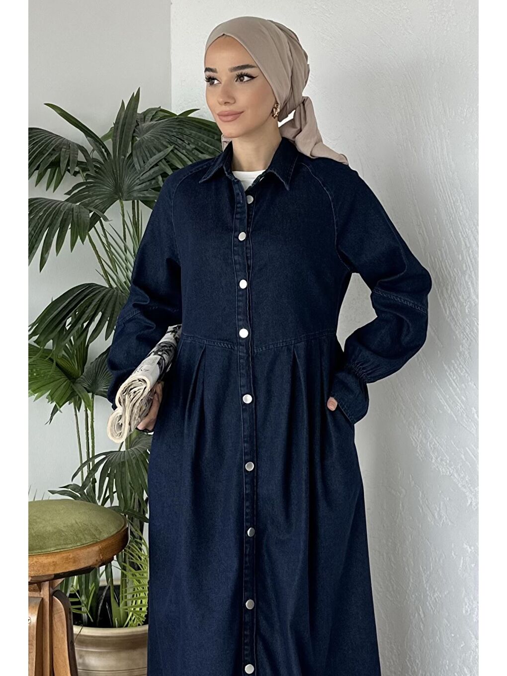Lacivert Ön Düğmeli Tesettür Jean Jean Elbise-5