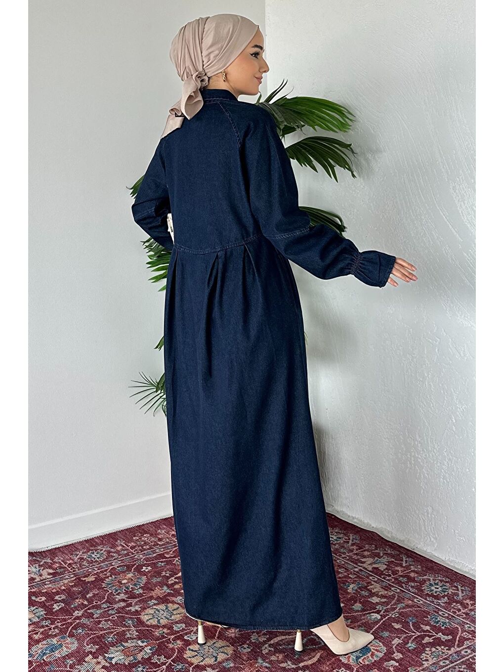 Lacivert Ön Düğmeli Tesettür Jean Jean Elbise-6