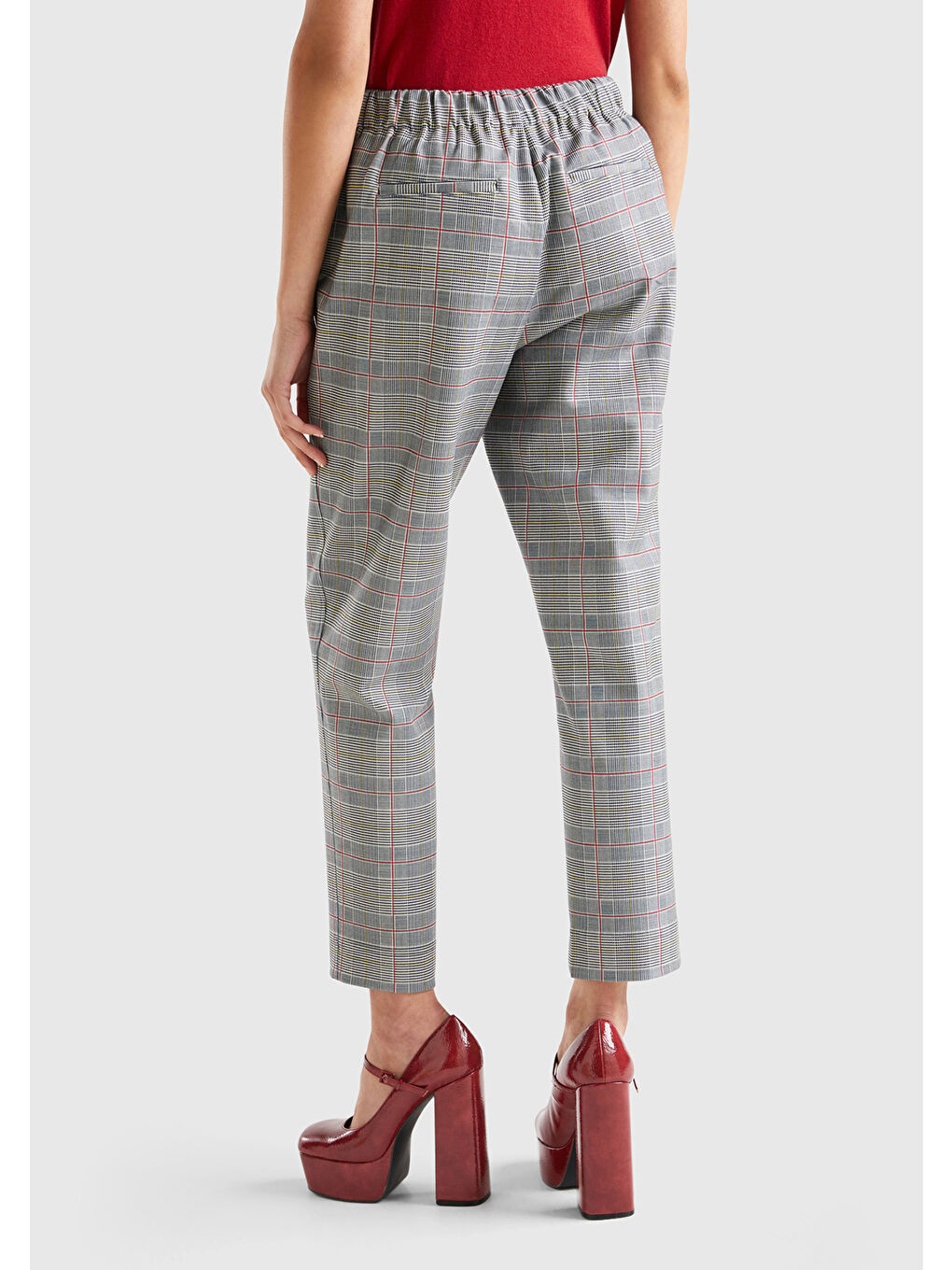 Kahverengi Kadın Taba Mix Ekoseli Beli Lastikli Pantolon-1