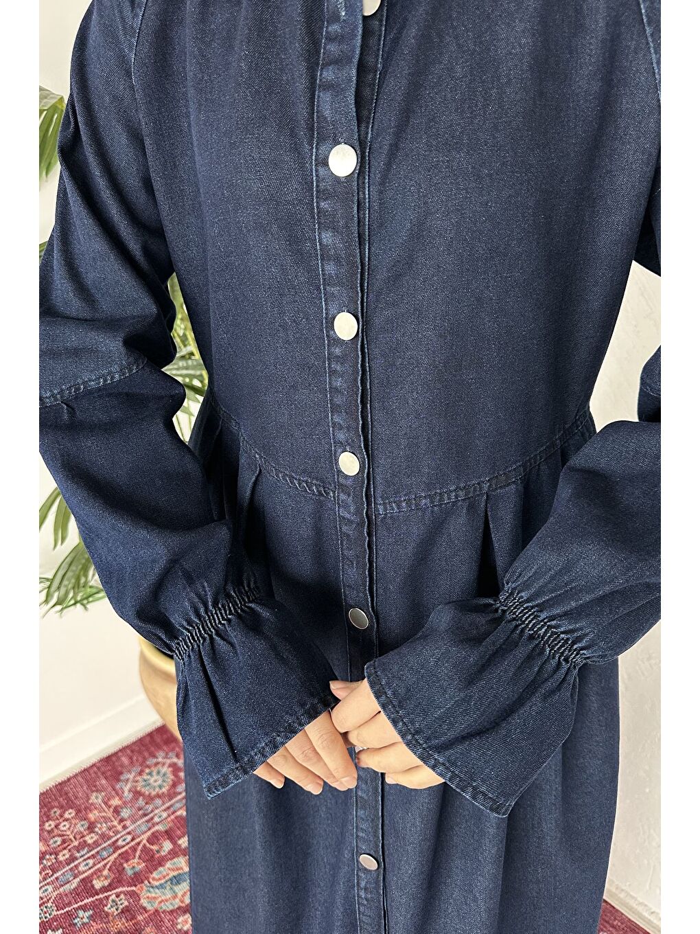 Lacivert Ön Düğmeli Tesettür Jean Jean Elbise-9
