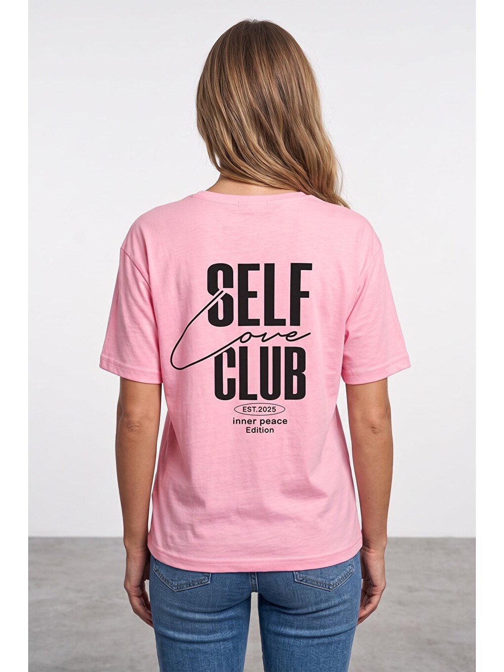 Pembe Self Love Club Baskılı Salaş Tişört-1