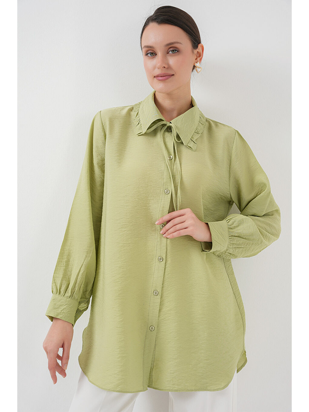 Yeşil Fırfırlı Uzun Gömlek Tunik 5952 - Çağla