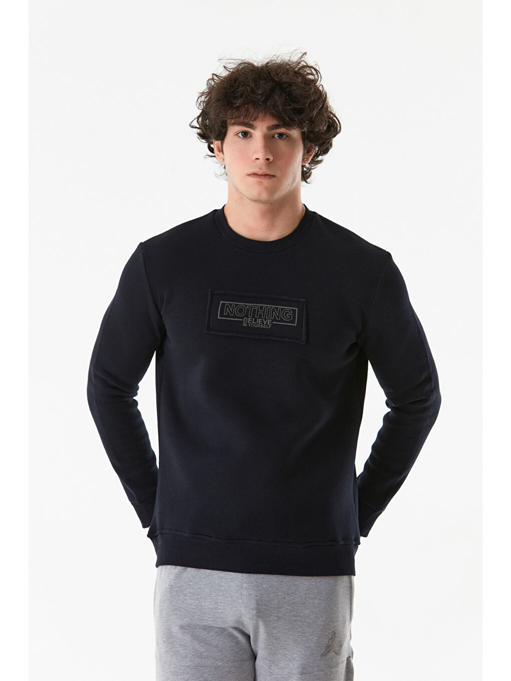 Fullamoda Lacivert Yazı Baskılı Bisiklet Yaka Sweatshirt