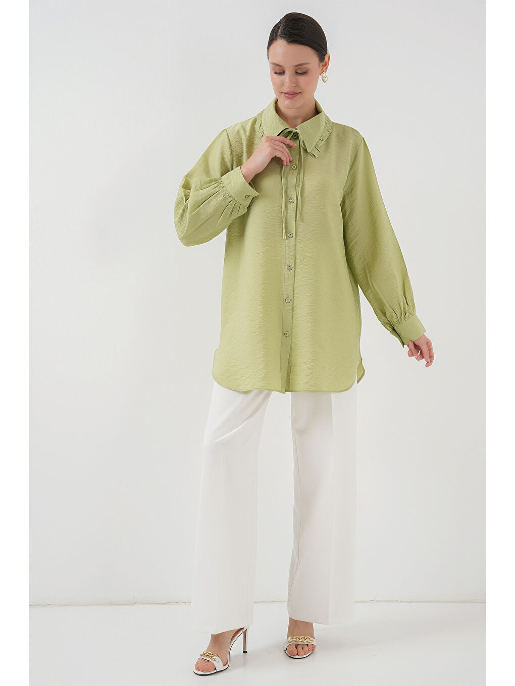 Yeşil Fırfırlı Uzun Gömlek Tunik 5952 - Çağla-1