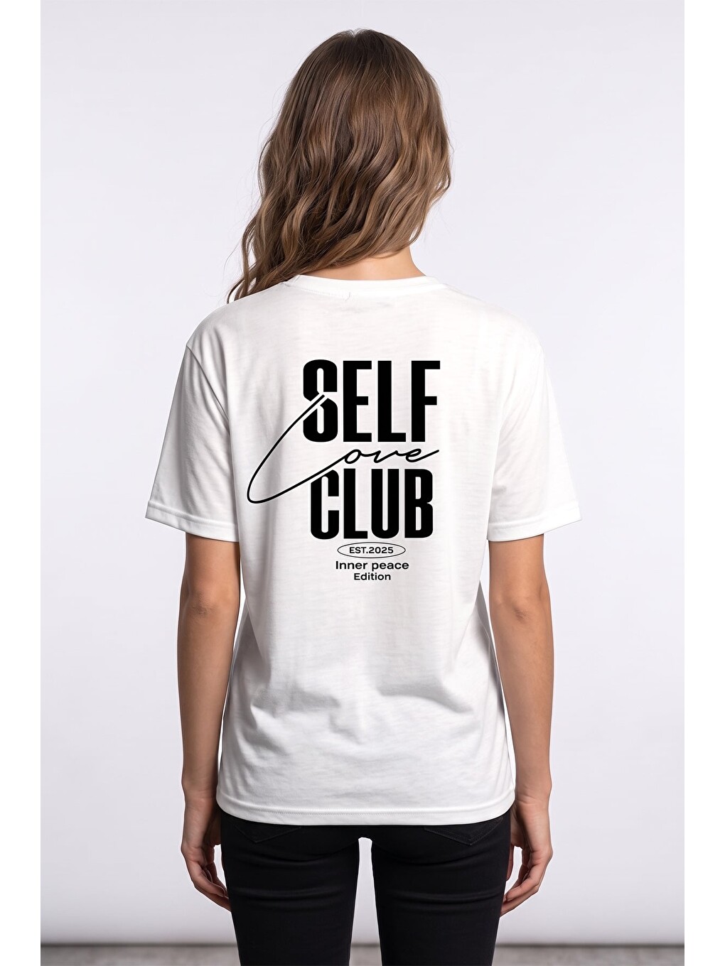 Beyaz Self Love Club Baskılı Salaş Tişört-1